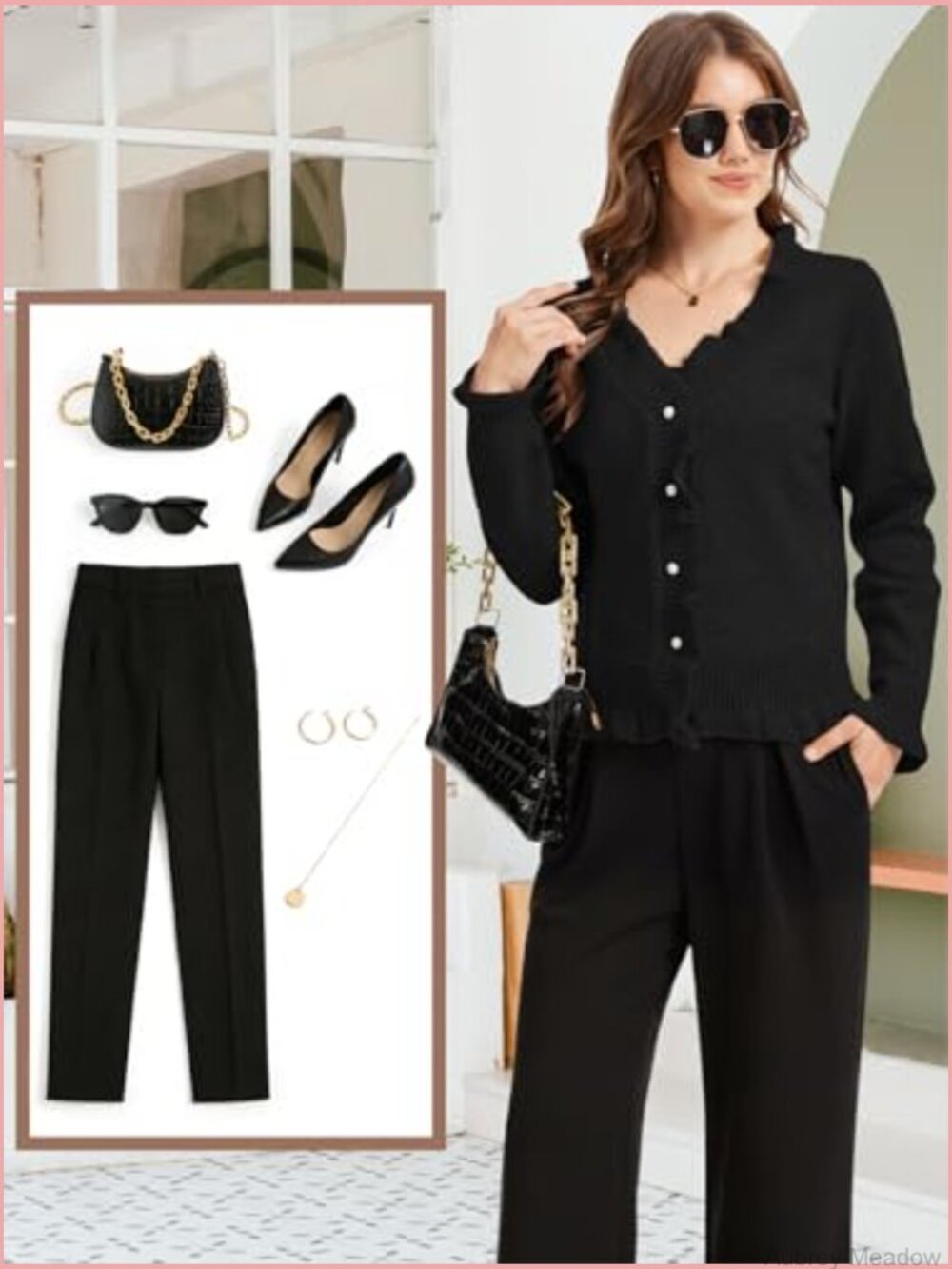 V Neck Button Up Cropped Cardigan Sweater Long Sleeve Ruffle Hem Knit Top - Picture 3 of 6